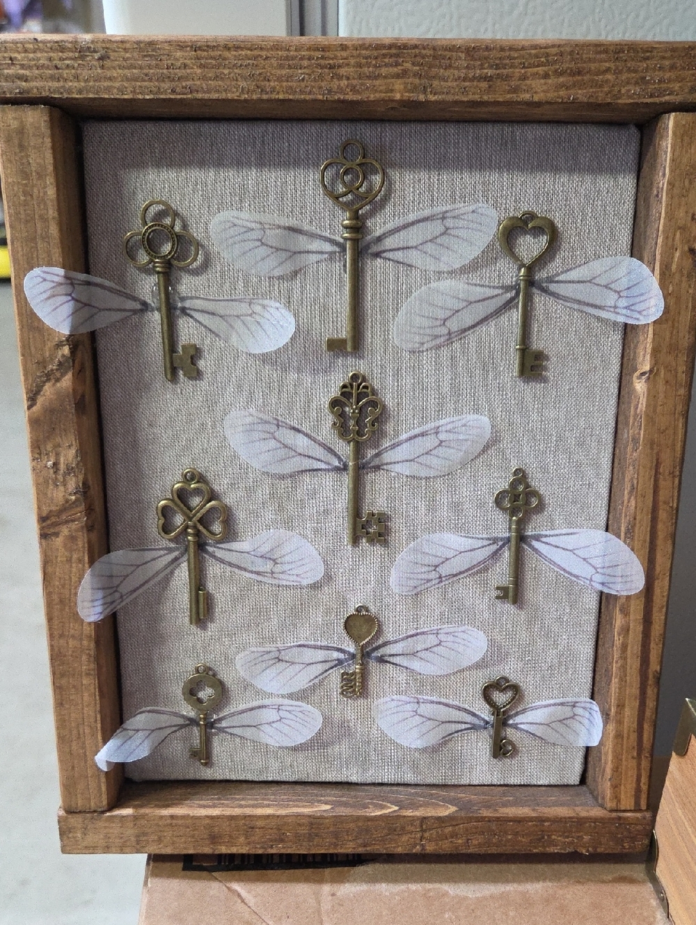Antique Brass Key With Wings Shadow Box Wall Art - Neutral Linen